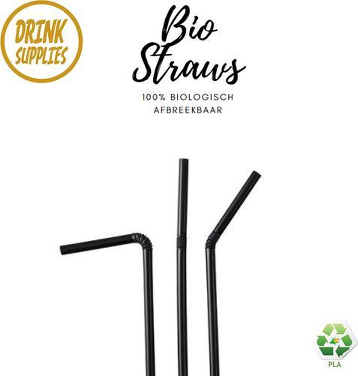 400 Hoogkwalitatieve Bio Straws Buigbaar | Buigbare Bio Plastic Drinkrietjes | 100% Biologisch Afbreekbaar | Bio PLA | Buigrietje | Cocktail | Longdrink | Party | Feest | Smoothie | Cocktail | Pailles Bio | Zwart/Black/Noir | 24CM/5MM